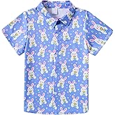 RAISEVERN Boys Button Down Shirts Hawaiian Cartoon Print Slim-Fit Short Sleeve Cool Dress Shirt Cute Top for Kids(2-10T)