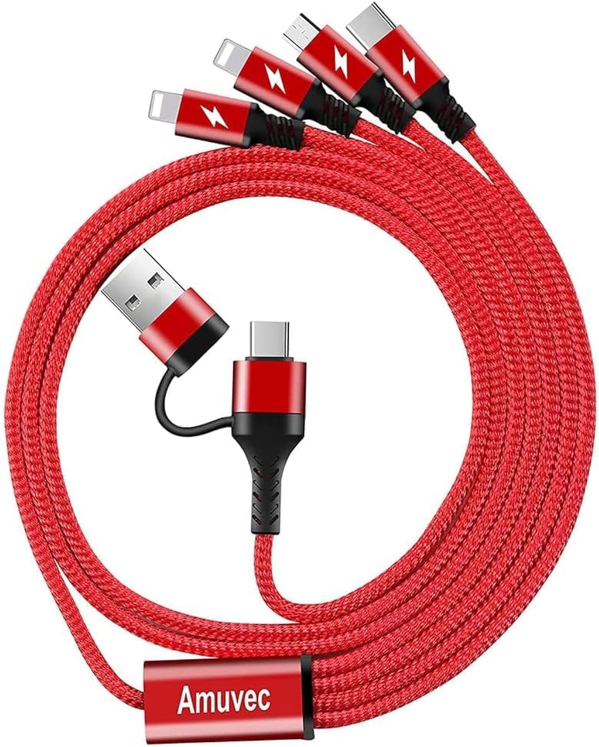 Amuvec Multi Charging Cable 3A 1.2M, Nylon Braided USB A/USB C to 4 in 1 Fast Charger Cord with 2*iP Micro USB Type C Port, for Phone Samsung Galaxy, Huawei P50, Xiaomi, Nokia, Moto, Sony, PS5