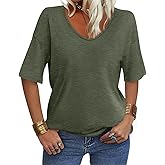 EasyGala Women's V Neck Tops Elbow Length Shirts Loose Fit Summer Tops Basic Tees