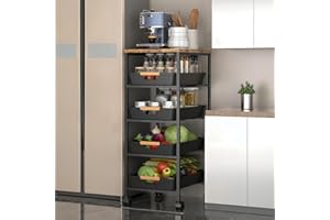 CarolynDesign 5-Tier Metal Frame Organizer Utility Cart with Wooden Top, Multi Functional Rolling Wheels Storage with Pull Ou