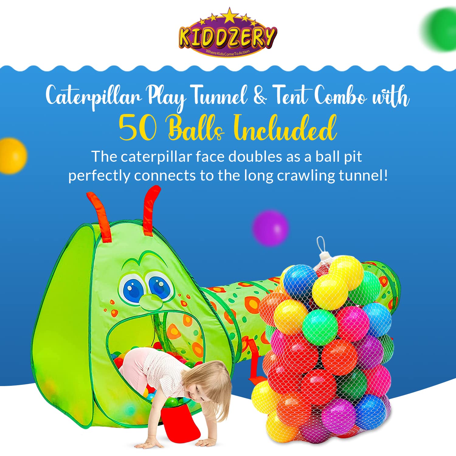 Kiddey Caterpillar Kids Play Tunnel and Tent with 50 Balls 2 Pc. Crawl Through Baby Ball Pit Pop up for Toddler and Babies, Indoor & Outdoor Jungle Gym Party Gift | Crawling Tunnels & Tents