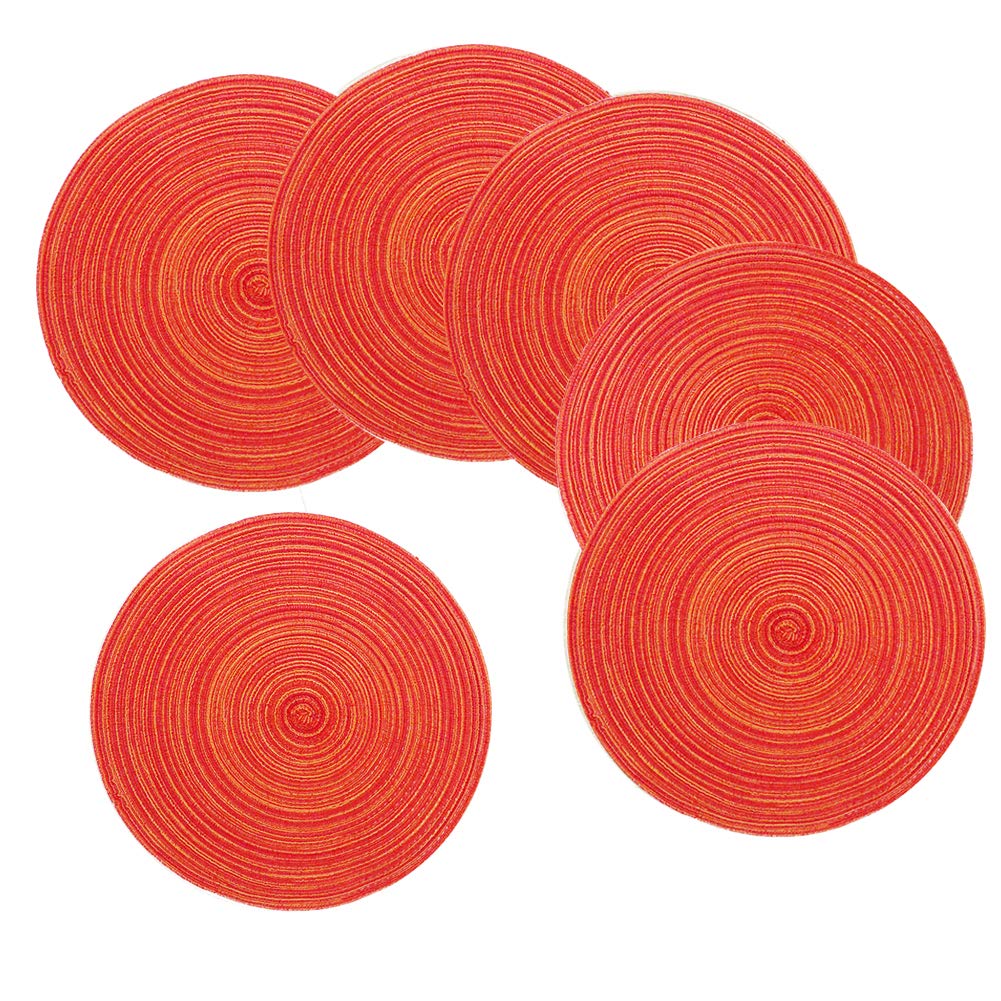 REMEE Round Placemat 14.2 Inch Braid Woven Placemat or Charger for Party Wedding,Washable Kitchen Table Mats,Set of 6(Orange Red)