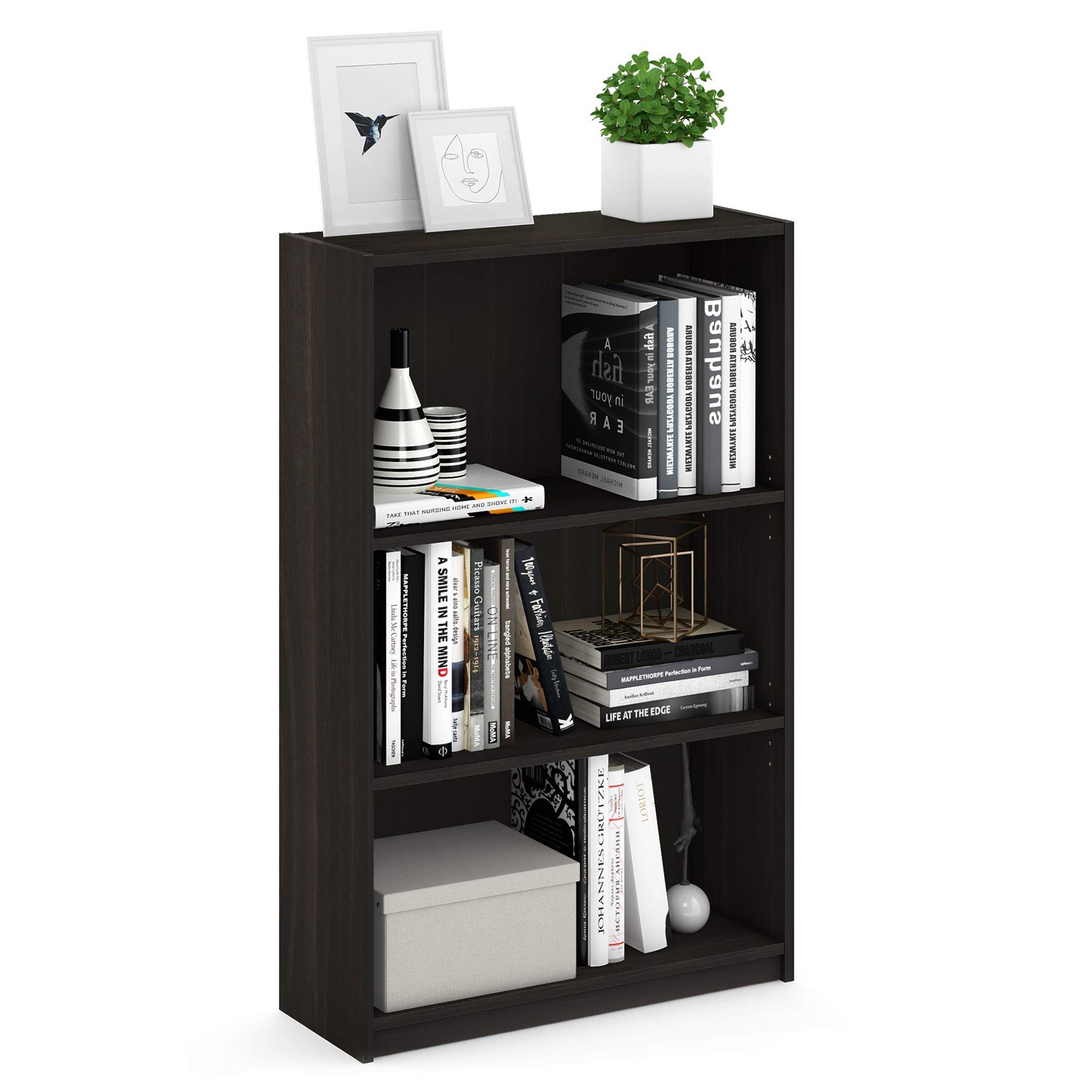 Furinno JAYA Book Shelf, 3-Tier Bookshelf, Bookcase with Adjustable Shelves, 9.5 x 24.5 x 40.3, for Living Room, Bedroom, Home Office, Espresso