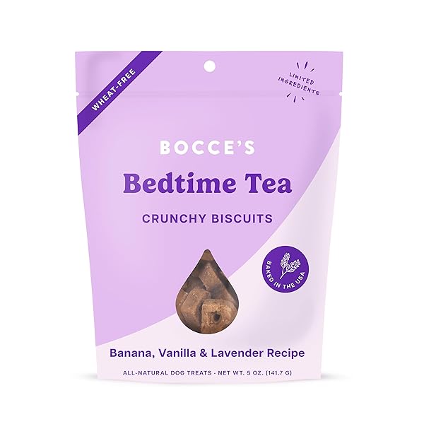 BOCCE’S BAKERY OVEN BAKED BEDTIME TEA TREATS FOR DOGS, WHEAT-FREE EVERYDAY DOG TREATS, MADE WITH REAL INGREDIENTS, BAKED IN THE USA, ALL-NATURAL BISCUITS, BANANA, VANILLA, & LAVENDER, 5 OZ