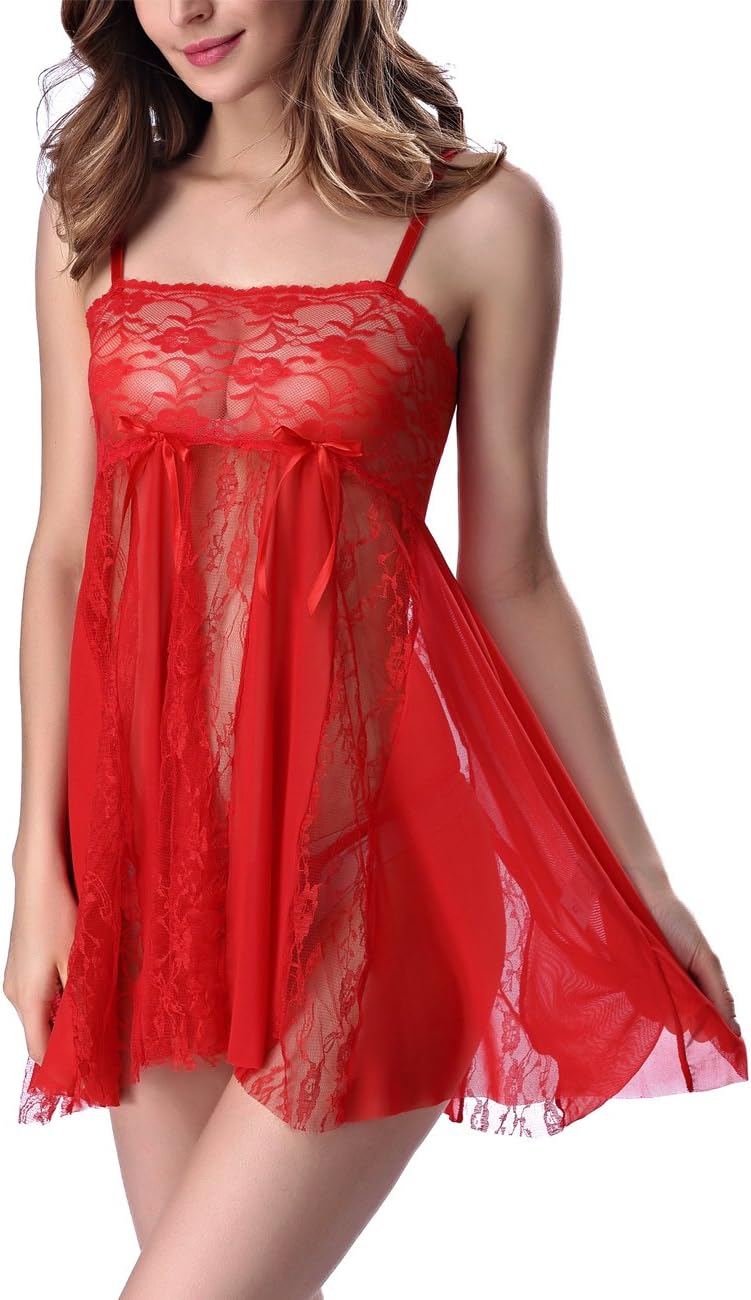 Oliveya Women Sexy Lingerie 2 Pieces Strap Sleepwear Lace Chemise Mini Babydoll