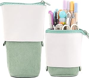 Friinder Pen Pencil Telescopic Holder Stationery Case, PU Corduroy Stand-up Transformer Bag Colorful Organizer, Great for Easter Spring Cosmetics Pouch Makeup Bag (Green)
