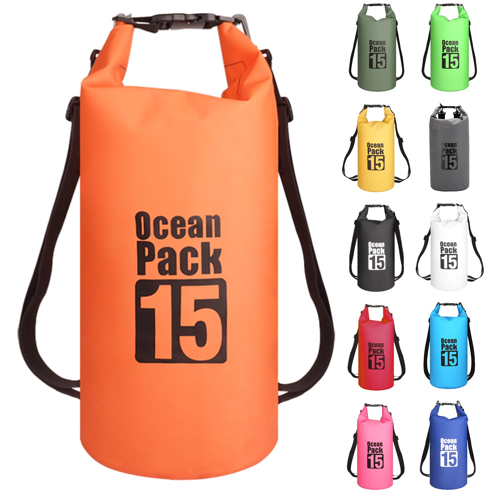 MORAINJAY 15L Orange Dry Bag,Waterproof Bag with Double Adjustable Shoulder Strap,Middle Capacity Dry Sack 2L 5L 10L 15L 20L 30L for Outdoor Camping,Rafting,Swimming,Boating,Surfing