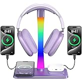 Headphone Stand with Wireless Charger,Gaming Headset stand with RGB Light,For Airpod Max Stand Compatible with Airpod Pro/3/2,For iPhone 17/16/15/14/13/12/11,Gifts for Gamers & Music Lover (Purple)