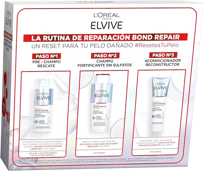 L'oréal paris elvive bond repair pré-shampoo de reconstrução torácica, shampoo, condicionador de reconstrução profunda, tratamento para reparar cabelos danificados, 98 por cento menos quebra