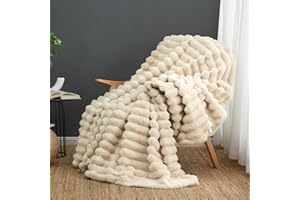Cozy Bliss Faux Fur Throw Blanket for Couch, Cozy Warm Plush Striped Blanket for Sofa Bedroom Living Room, 50 * 60 Inches Beige
