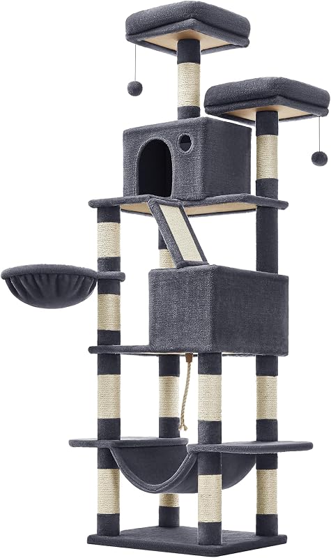 Arbre à Chat, 203,5 cm, 2 Plateformes, 2 Grottes, Panier, Hamac