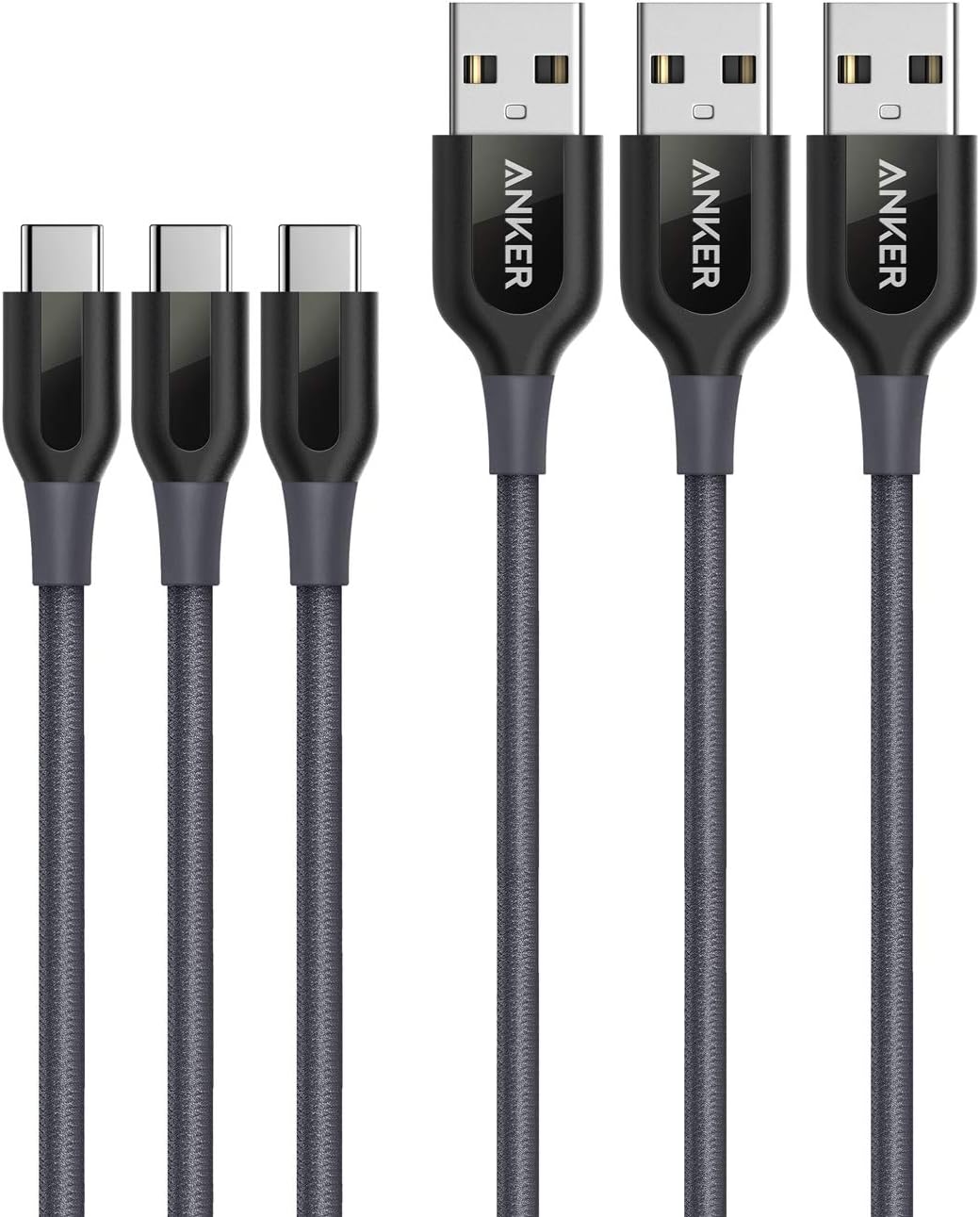 USB Type C Cable, Anker [3-Pack 6ft] Powerline+ USB-C to USB-A, Double-Braided Nylon Fast Charging Cable, for Samsung Galaxy S10/ S9 / S9+ / S8 / S8+ and More[Gray]