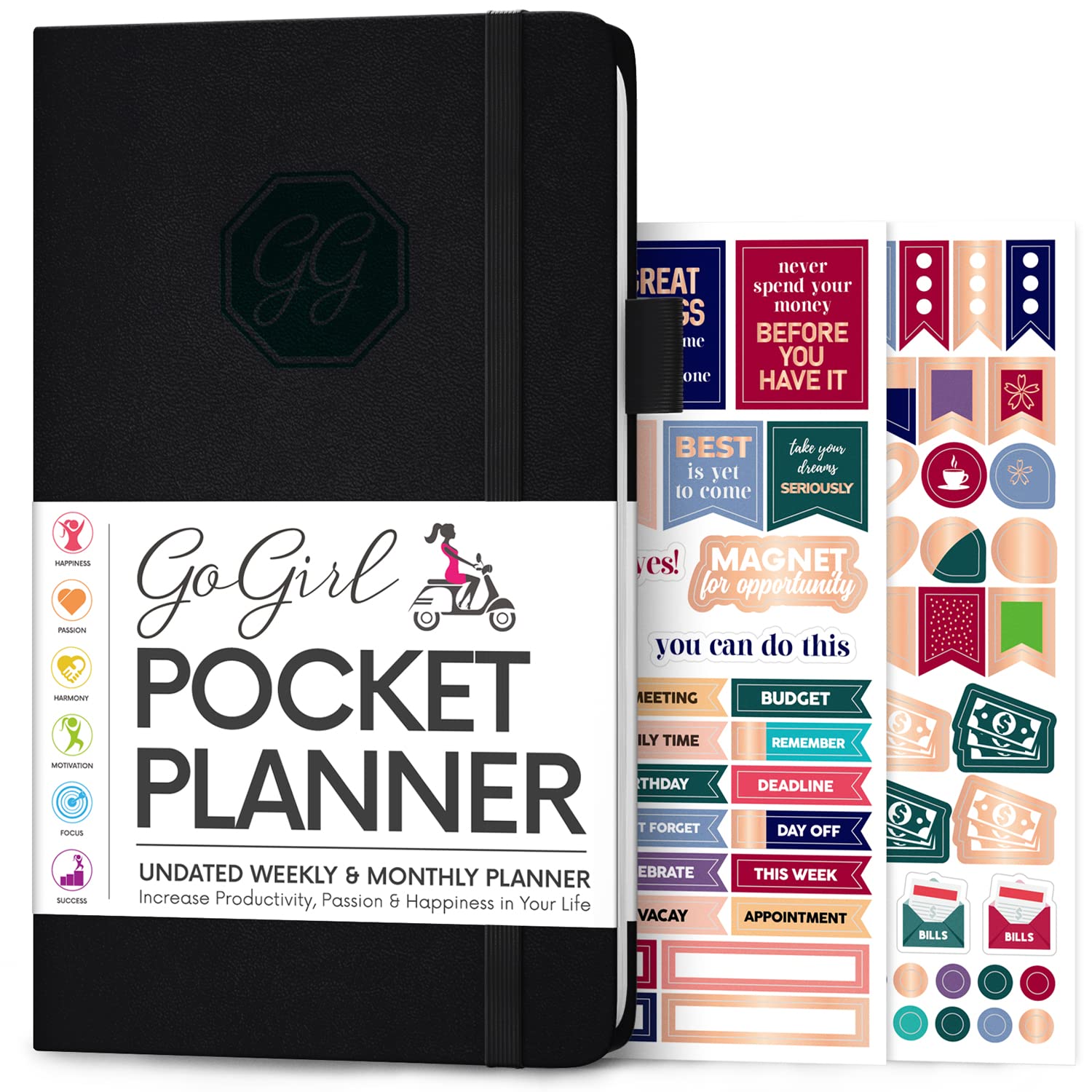GoGirl Planner and Organizer for Women - Pocket Size Weekly Planner, Goals Journal & Agenda to Improve Time Management, Productivity & Live Happier. Undated – Start Anytime, Lasts 1 Year – Black