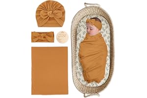 ZURLEFY Stretchy Baby Swaddle Blanket and Headband Set, Newborn Receiving Blankets with Matching Hat for Nursery Swaddle Wrap