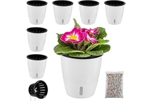 PLANTERHOMA 6 Packs White Self Watering Pots for Indoor Plants with Water Indicator and Black Wick Pots, 5 Inch African Violet Pots, Self Watering Planters for Devil's Ivy, Indoor Plant Pots for Orchid