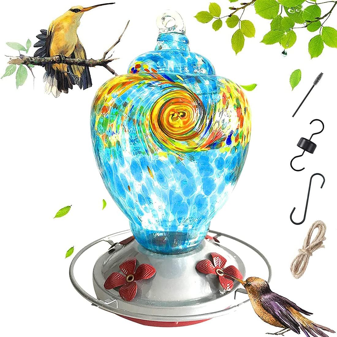 Hummingbird Feeder Glass, Hand Glass Blown Hummingbird Feeder Hanger with Ant Guard Moat Phoenix for Outdoors Outsides : Garden & Outdoor