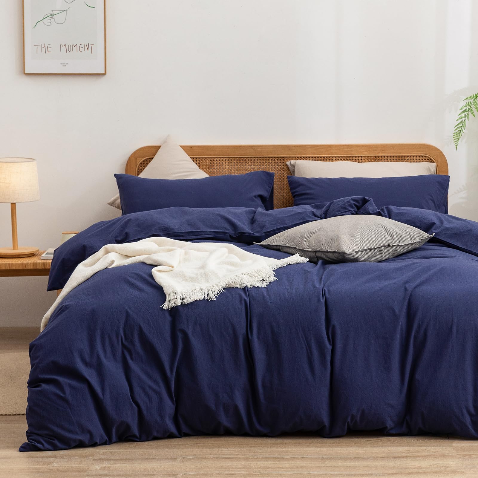 Photo 1 of BESTOUCH Duvet Cover Set 100% Washed Cotton Linen Feel Super Soft Comfortable Chic Lightweight 3 PCs Home Bedding Set Solid Navy Blue King