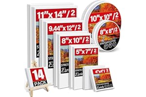 ESRICH 14 Packs Stretched Canvases for Painting, Multi Pack 11x14, 9.44x12, 8x10, 5x7, 4x4, Round Canvas with 8x8,10x10(2 of Each), Blank Primed Canvas, for Oil Paint, Acrylic Paint, for Beginners, Artists.