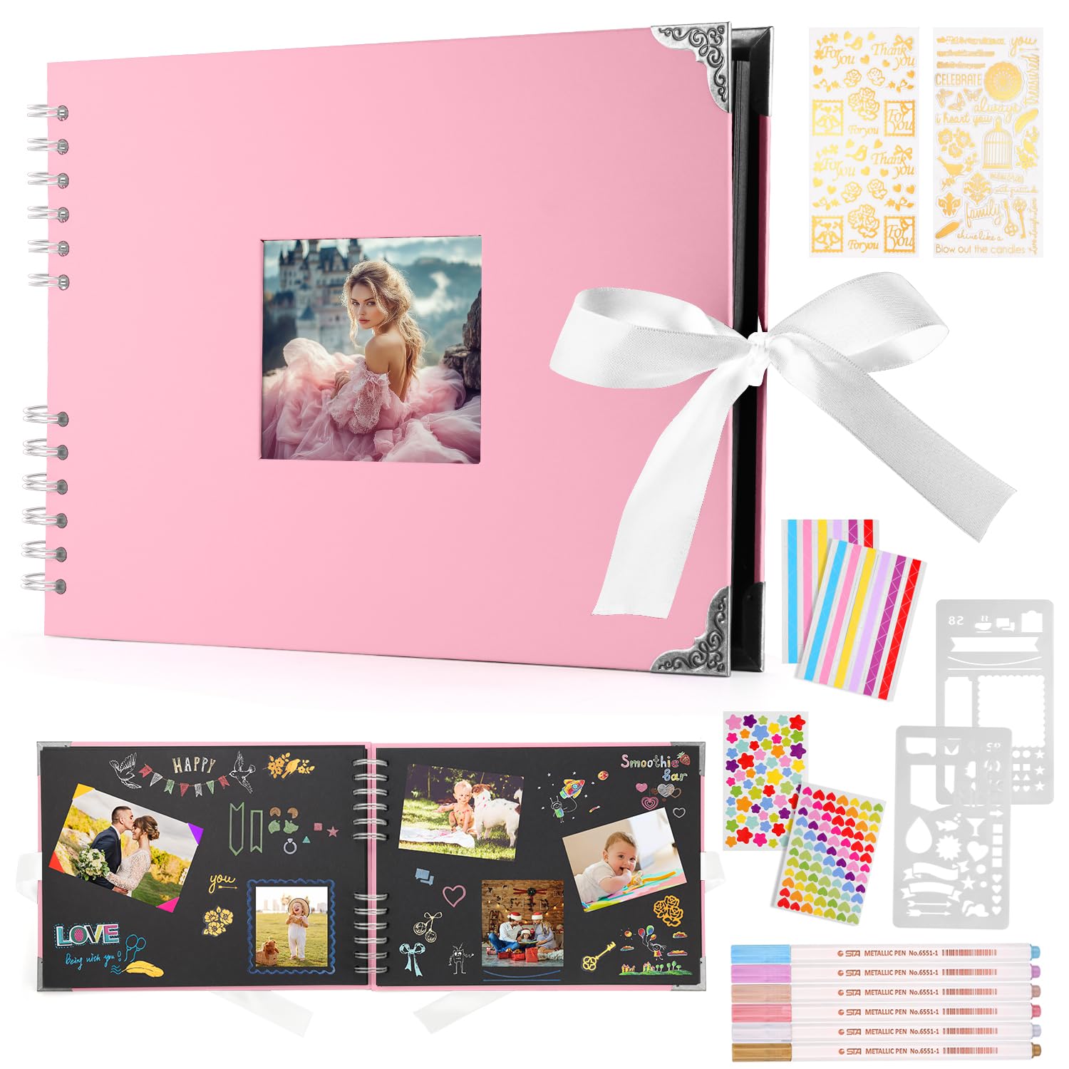 DazSpirit Photo Books, 29.5 X 21 CM Wedding Photo Albums, Photo Album with Writing Space, 80 Pages Scrapbook, for 240 Pictures, 6 Color Marker Pen, Personalised Photo Book for Anniversary (Pink)