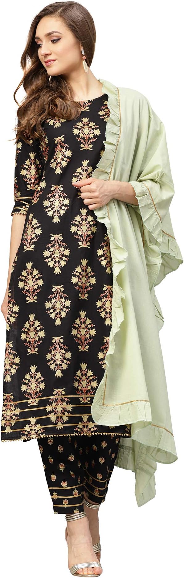 idaLiaEthnic Kurta Set for Women 3/4 Sleeve, Round Neck Cotton A-line Solid Kurta with Palazzo Pant Set