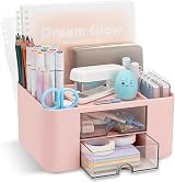 RISEMART Desk Organiser with 2 Drawers Pink 19.5x14x10cm Pen Holder Notebook