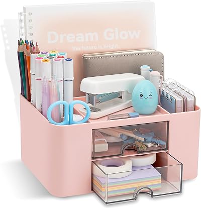 RISEMART Desk Organiser with 2 Drawers Pink 19.5x14x10cm Pen Holder Notebook
