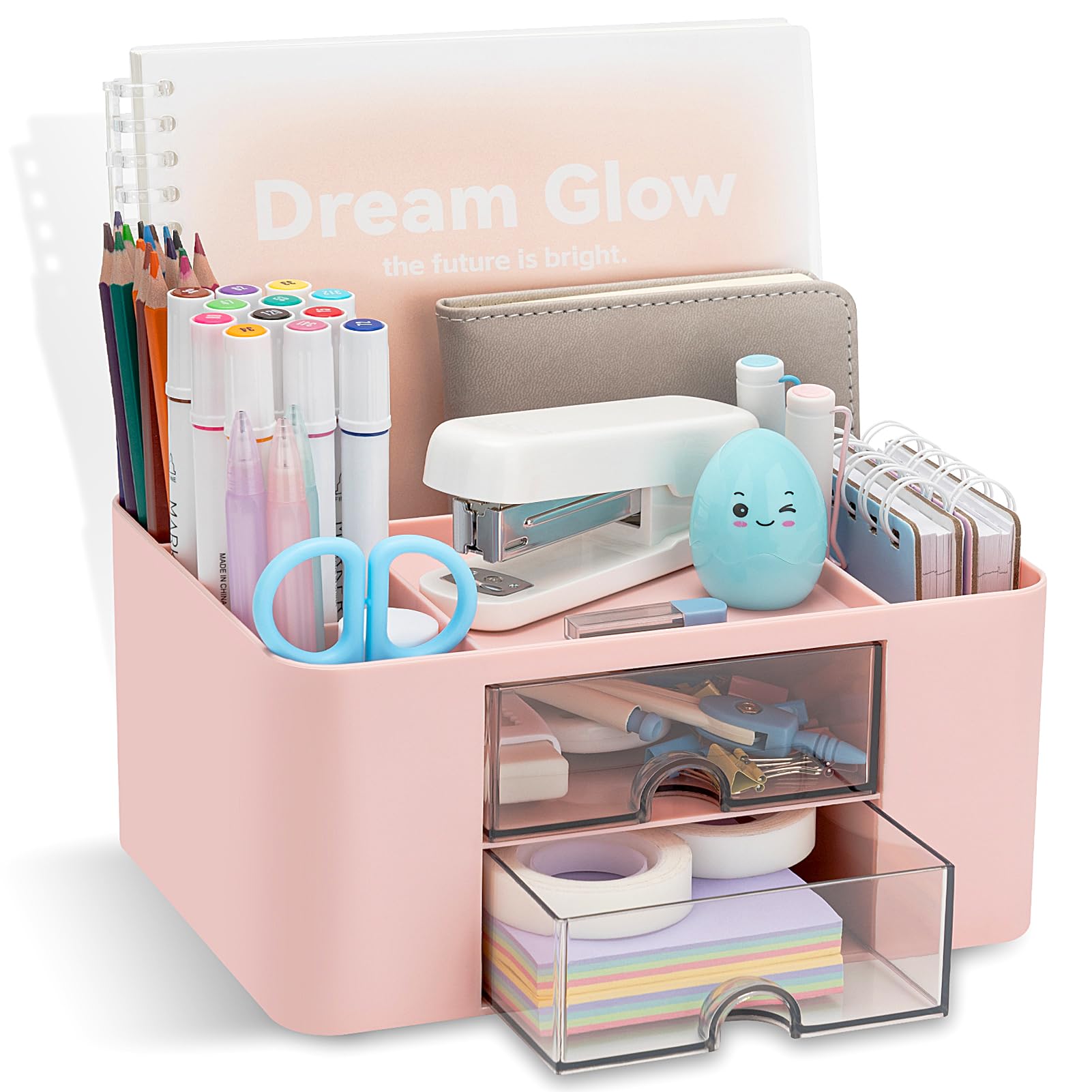 RISEMART Desk Organiser with 2 Drawers, Desk Tidy Organiser with Pen Holder, Large Capacity Desktop Organizer Stationery Storage Box for School Office Home Makeup Desk Supplies (Pink)