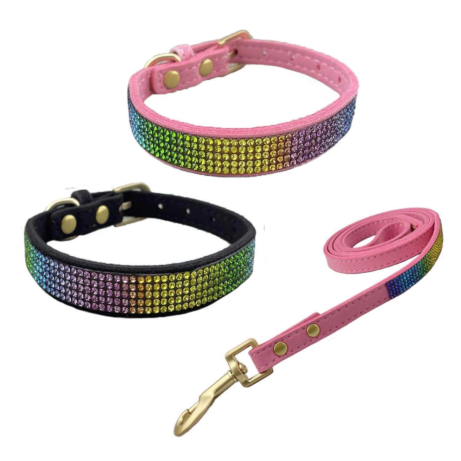 Newtensina 3 Pieces Colorful Diamante Dog Collar and Leash Rainbow Colored Puppy Collar with Leashes for Small Dogs - PinkBlack - S