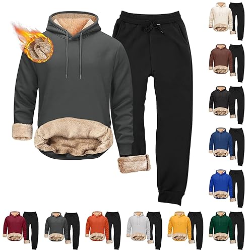 Tracksuit Mens Full Set Winter Fleece Lined Men Tracksuits Hoodie Jumper Casual Fit Long Sleeve Pullover Warm Set Sweatshirts and Jogging Bottoms 2 Piece Loungewear with Pocket