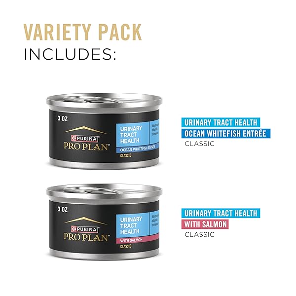 PURINA PRO PLAN URINARY TRACT HEALTH PATE CAT FOOD VARIETY PACK, OCEAN WHITEFISH AND WITH SALMON ENTREES – (PACK OF 24) 3 OZ. CANS