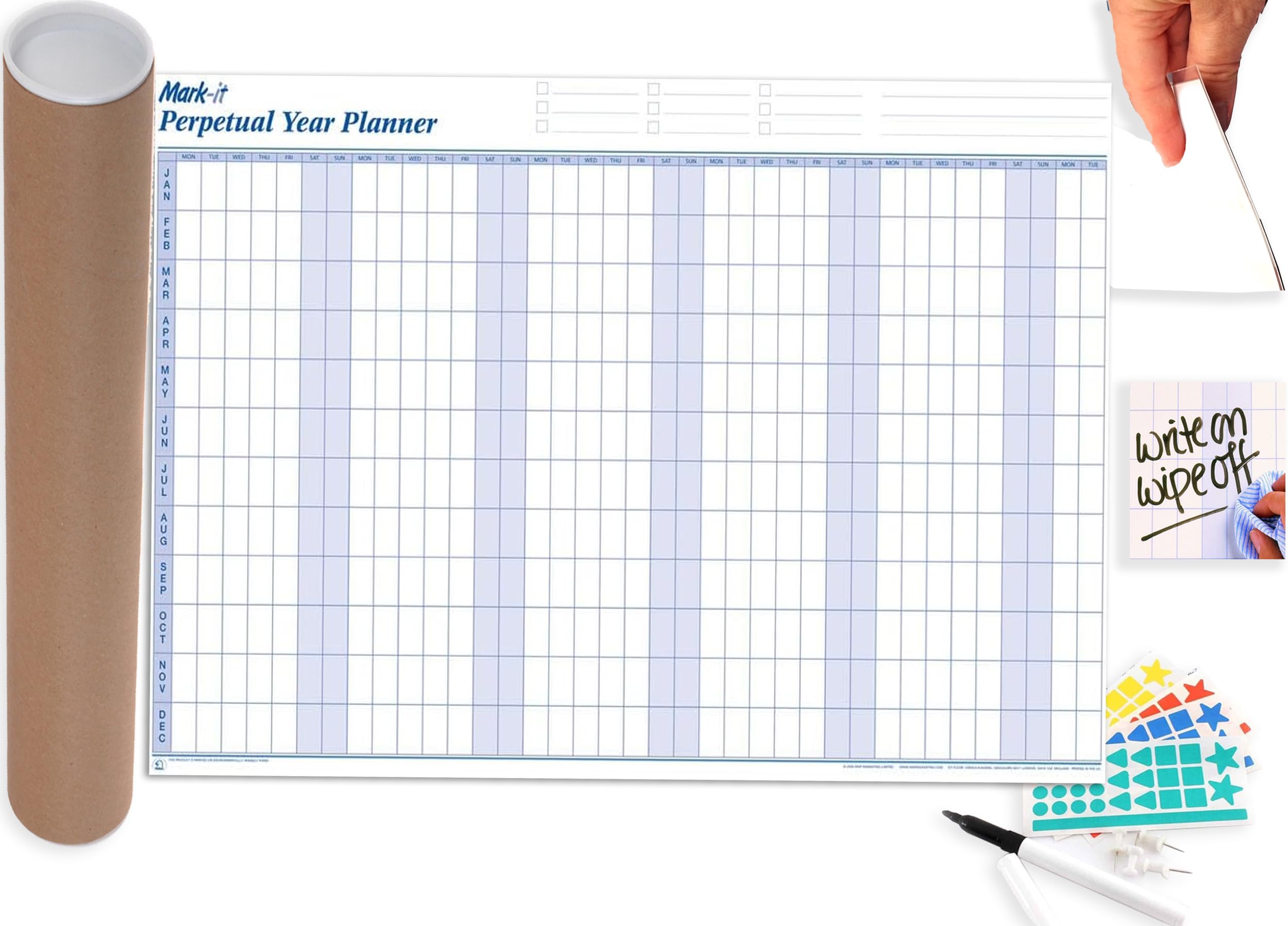 Mark-IT 2026 Wall Planner/Perpetual Year Wall Planner with Repositionable Date Strips - Reusable Laminated Wall Calendar 2026 - Ideal Year Planner for Office, School, University & Home - (90 x 61cm)