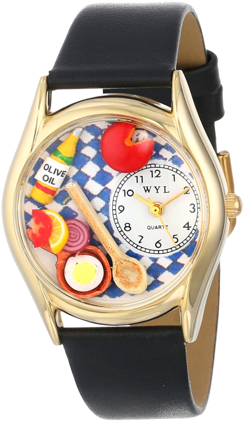 Whimsical Watches Gourmet Black Leather and Goldtone Unisex Quartz Watch with White Dial Analogue Display and Multicolour Leather Strap C-0310001