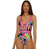 Trina Turk Womens Paralia Plunge One Piece Swimsuit, Adjustable, Bathing Suits for Women
