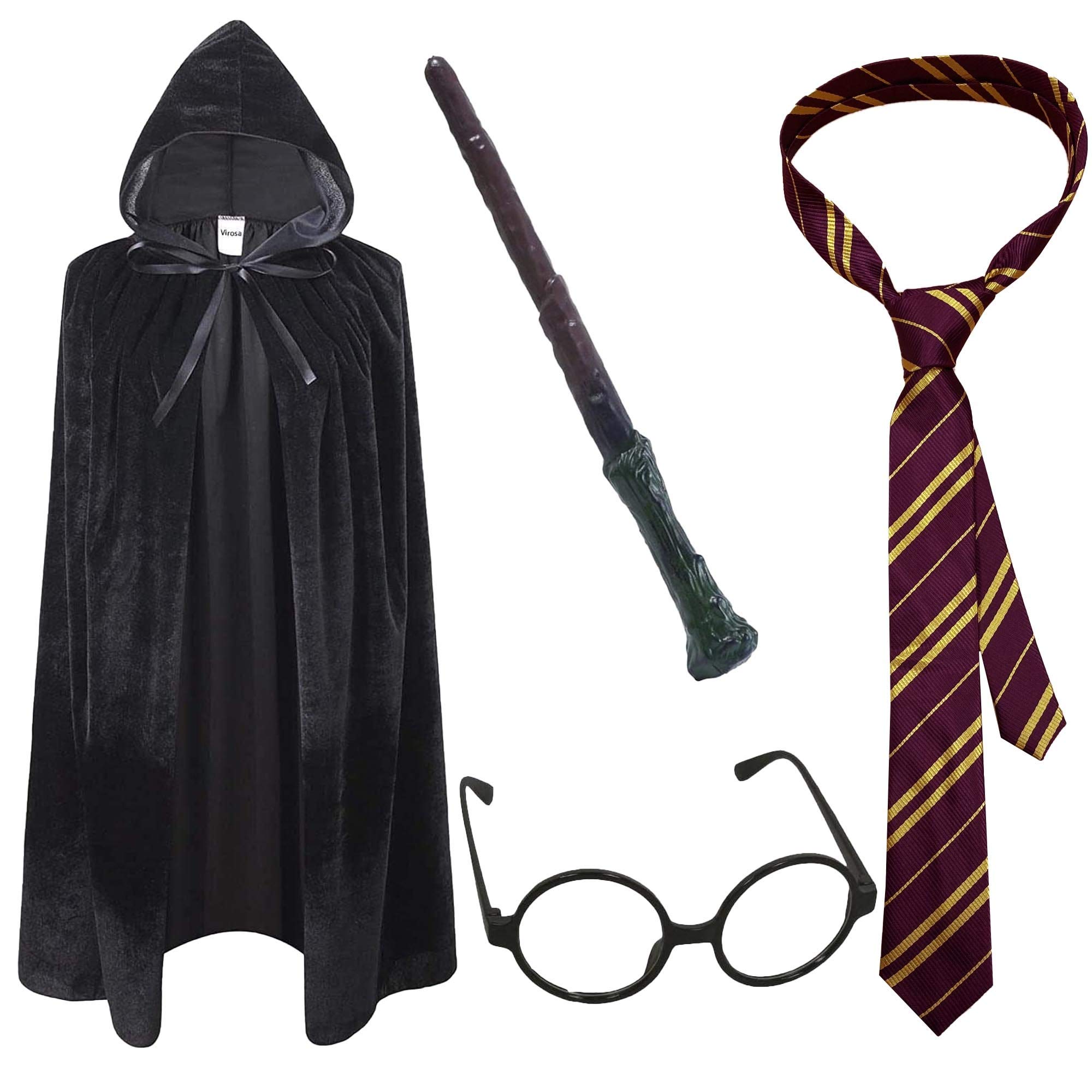 VIROSA 4PC Wizard Cape School Boy Fancy Dress Costume Accessory | Includes Tie, Glasses, Wizard Wand, Black Cape| Ideal for Wand Set Magician Outfit World Book Day, Book Week