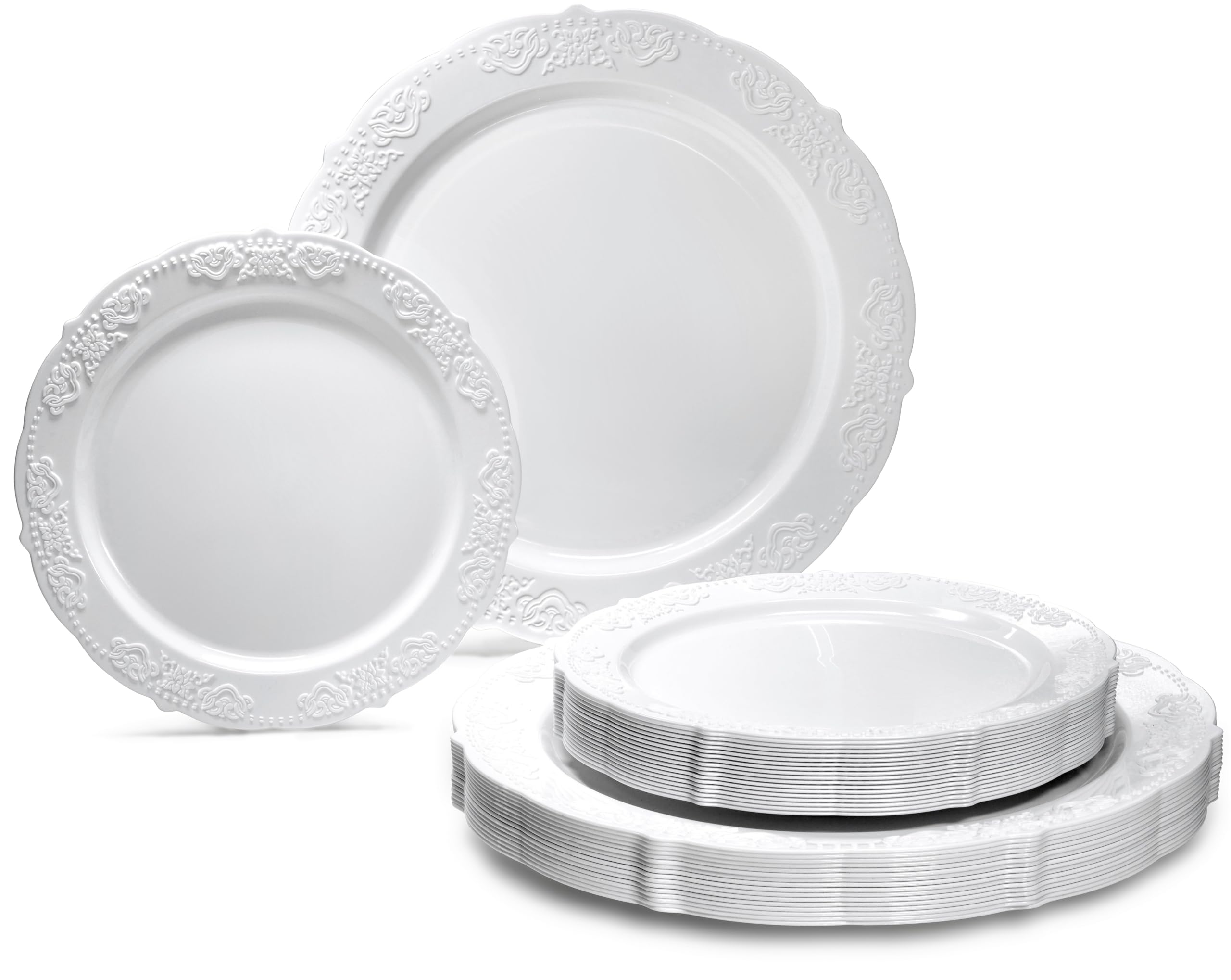 Photo 1 of " OCCASIONS " 50 Plates Pack (25 Guests) Vintage Wedding Party Disposable Plastic Plate Set -25x10.25'' Dinner +25x7.5'' Salad/Dessert plates (Portofino Plain White)