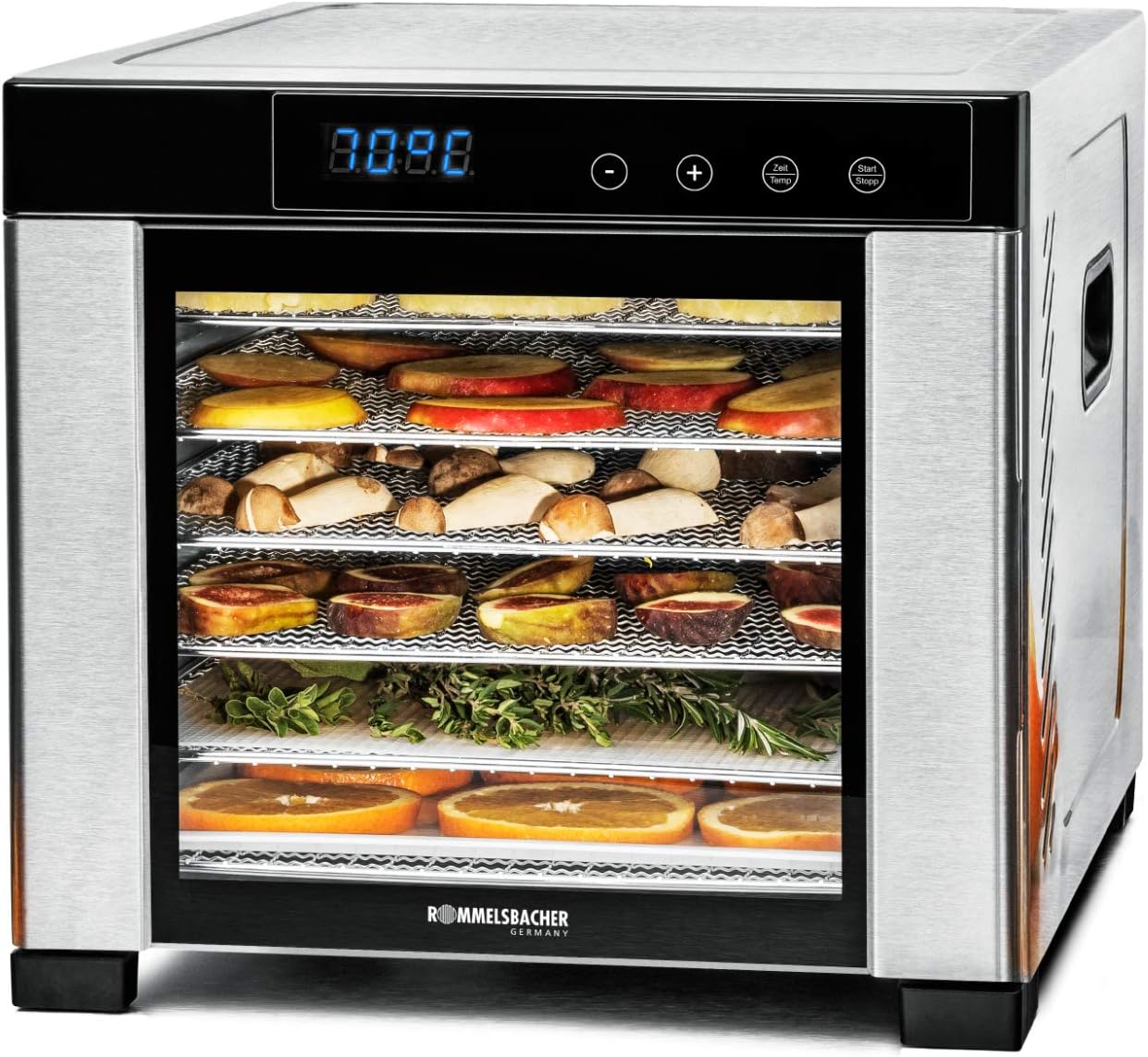 ROMMELSBACHER Dörrautomat DA 900, große Dörrfläche 0,6 m², inkl. 6 Edelstahl-Dörrtabletts, 1 Dörrgitter, 1 Dörrmatte, LED-Display, 24 Std. Zeitschaltuhr, Temperatur einstellbar (35 °C – 75 °C)