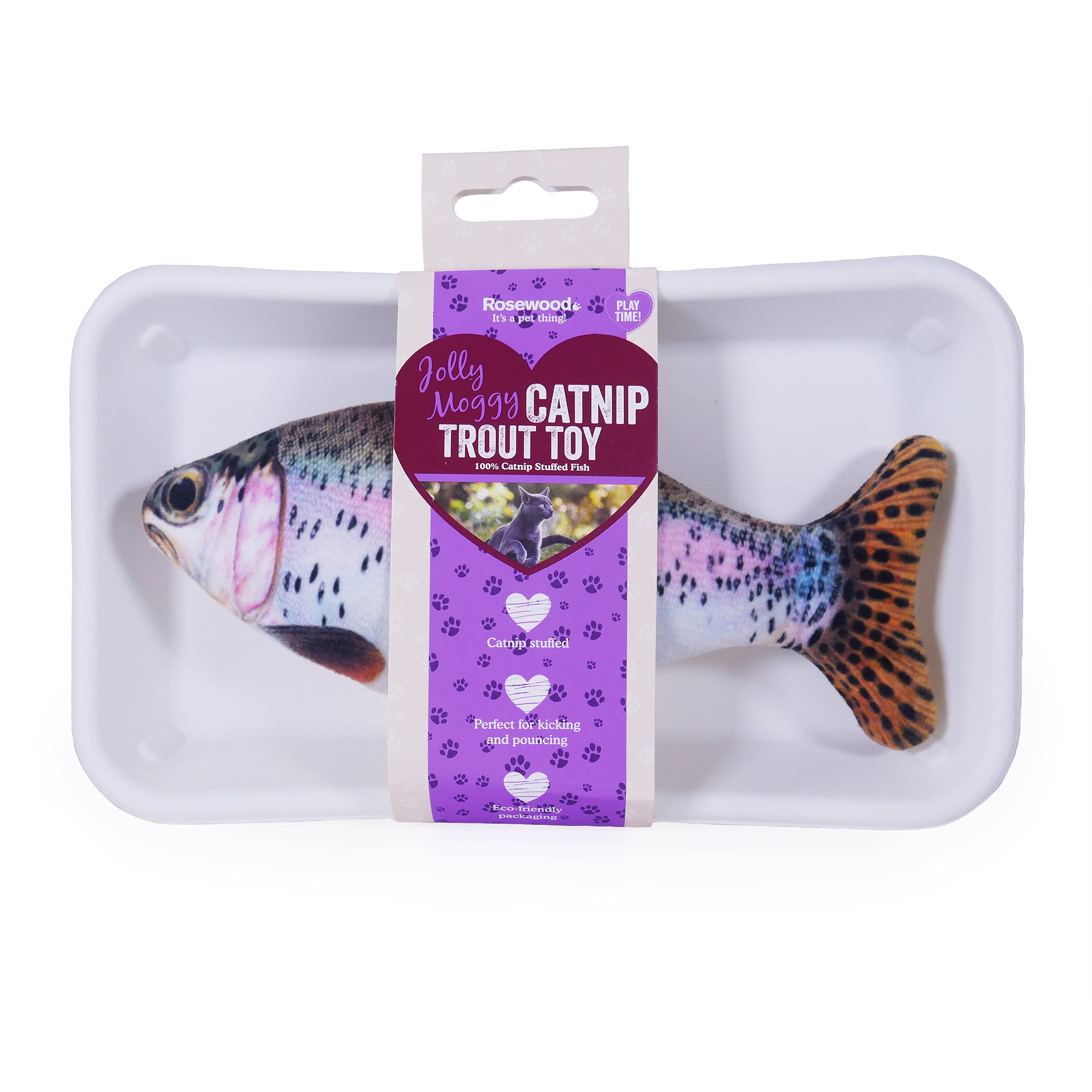 Rosewood Jolly Moggy Trout Cat Toy – Natural Catnip Plush Kicker Toy, Soft Fish Shape with Eco‑Friendly Packaging – Stimulates Pouncing, Kicking and Hunting Instincts