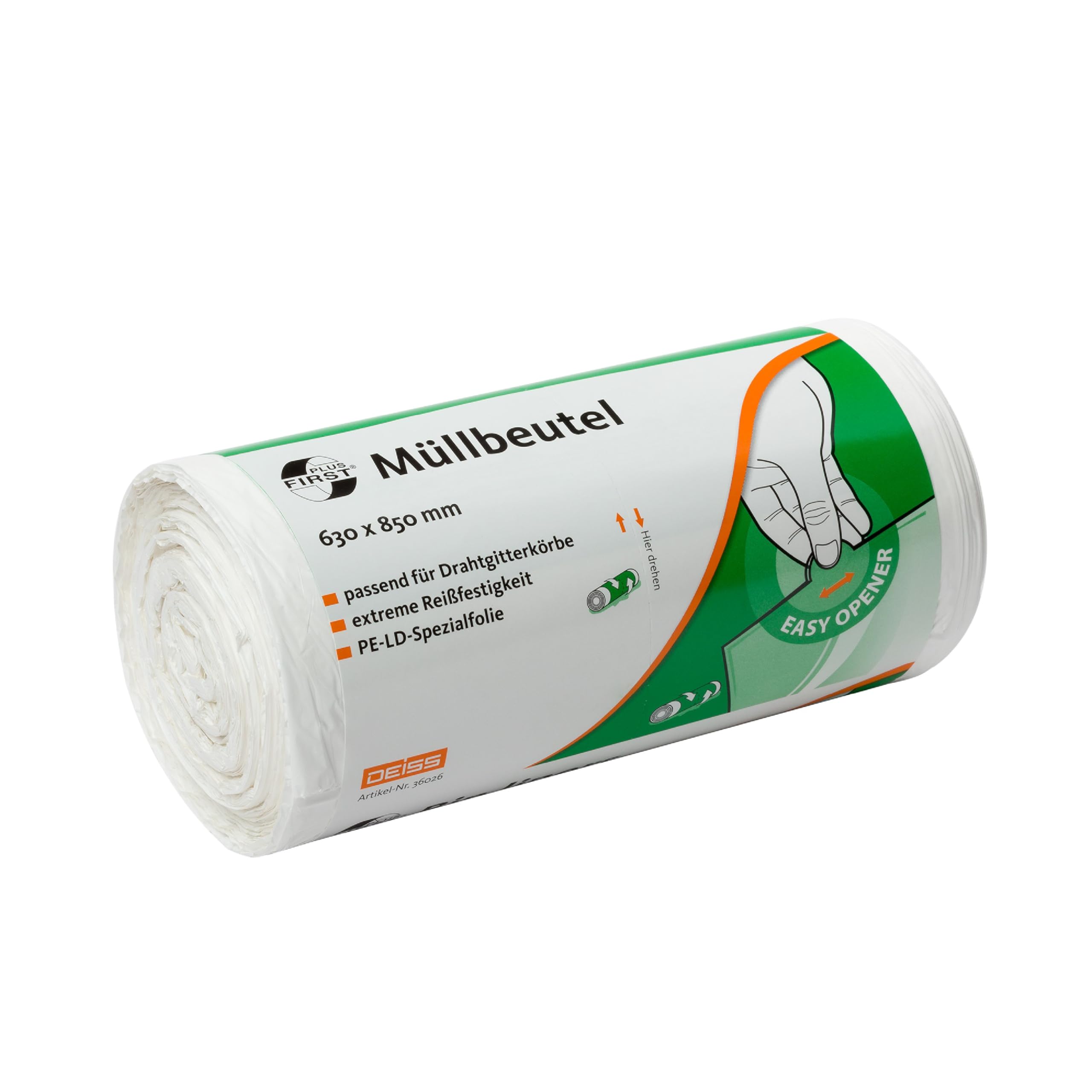 Deiss First Plus Bin Liners, White, 85 L, Pack of 50