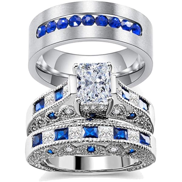 LOVERSRING 3pc His And Hers Couple Rings Set - Women's White Gold Filled Heart CZ Ring & Men's Tungsten Carbide Band