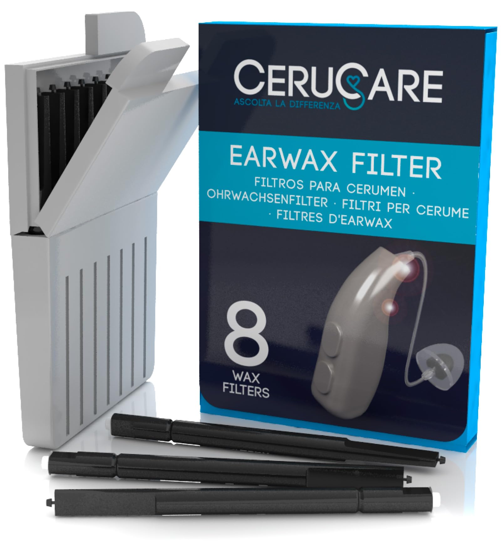 8 Earwax Filters Hearing Aid Wax Guard CeruCare Quick and Effective Cleaning Protects Hearing Aid from Moisture and Dust with Resealable Hard Case Diameter 1.3mm