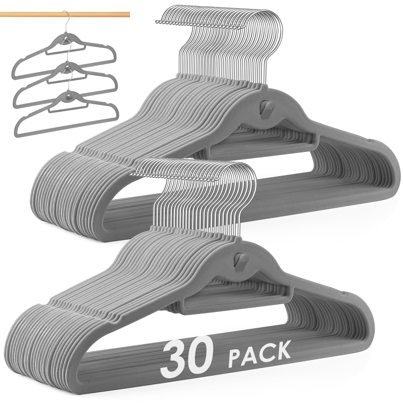Photo 1 of 30 Pack Velvet Non Slip Hangers, Space Saving Slim Felt Hangers for Coats, Suits, Dresses, Jackets, and Pants, Durable Stackable Closet Organizer (30, Gray)