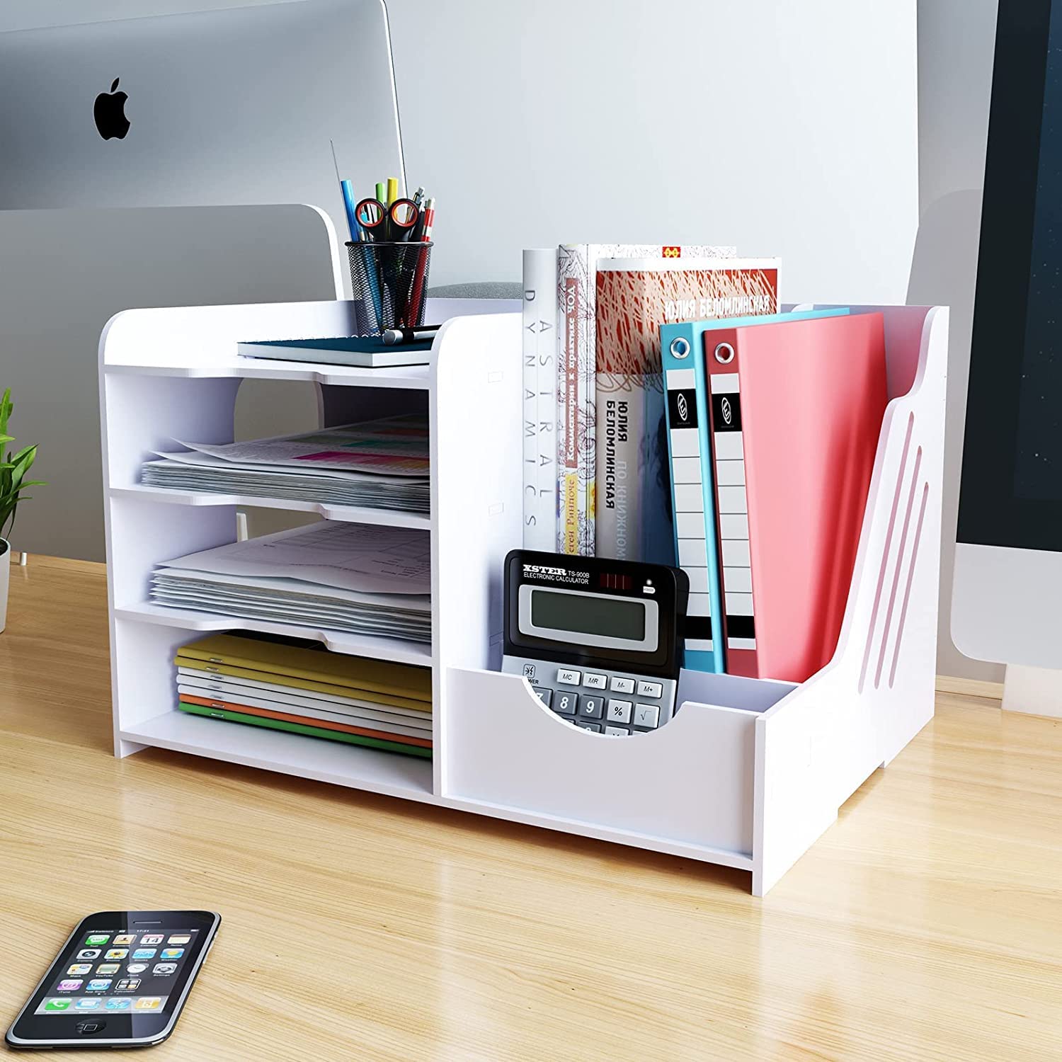 PUNCIA 4-Tier Office White Letter Tray Desk Tidy Organiser A4 File Rack Paper Sorter Storage with Vertical Horizontal All in One Supplies Storage Box Desktop Magazine File Holder — image 1