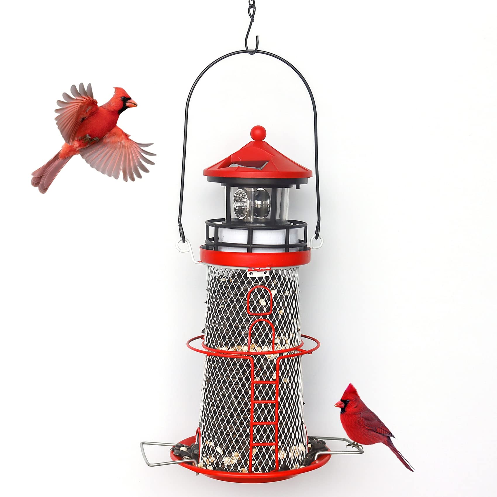 HSHD Solar Lighthouse Bird Feeder with Rotating Beacon Lamp - 14" Hanging Mesh Wild Bird Feeders for Outdoor Garden Decor Patio (Apple Red)