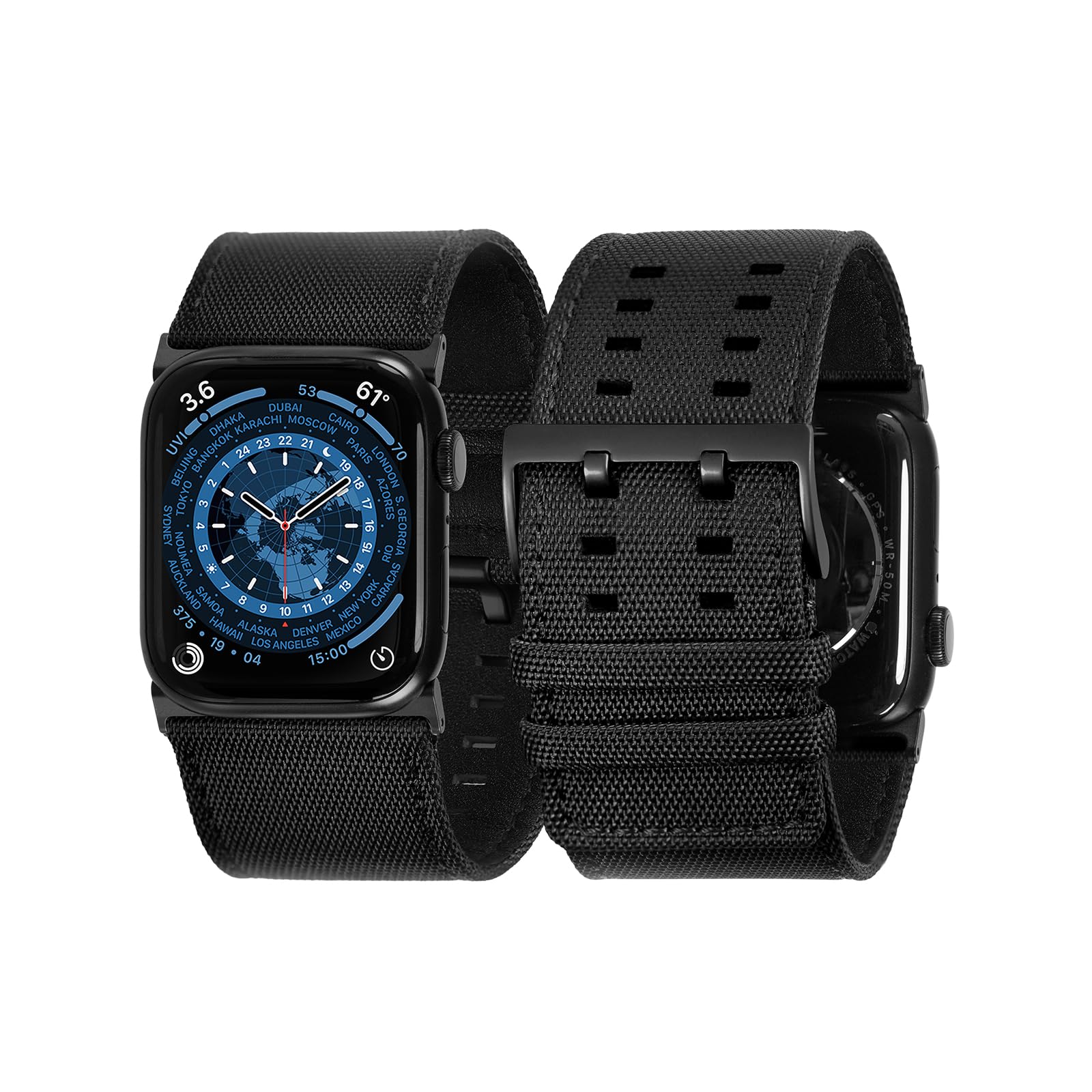 Tefeca Dual Series Replacement Watch straps Compatible with Apple Watch/Apple Watch Ultra (Black Sailcloth with Black Adapters, 49/45/44/42mm