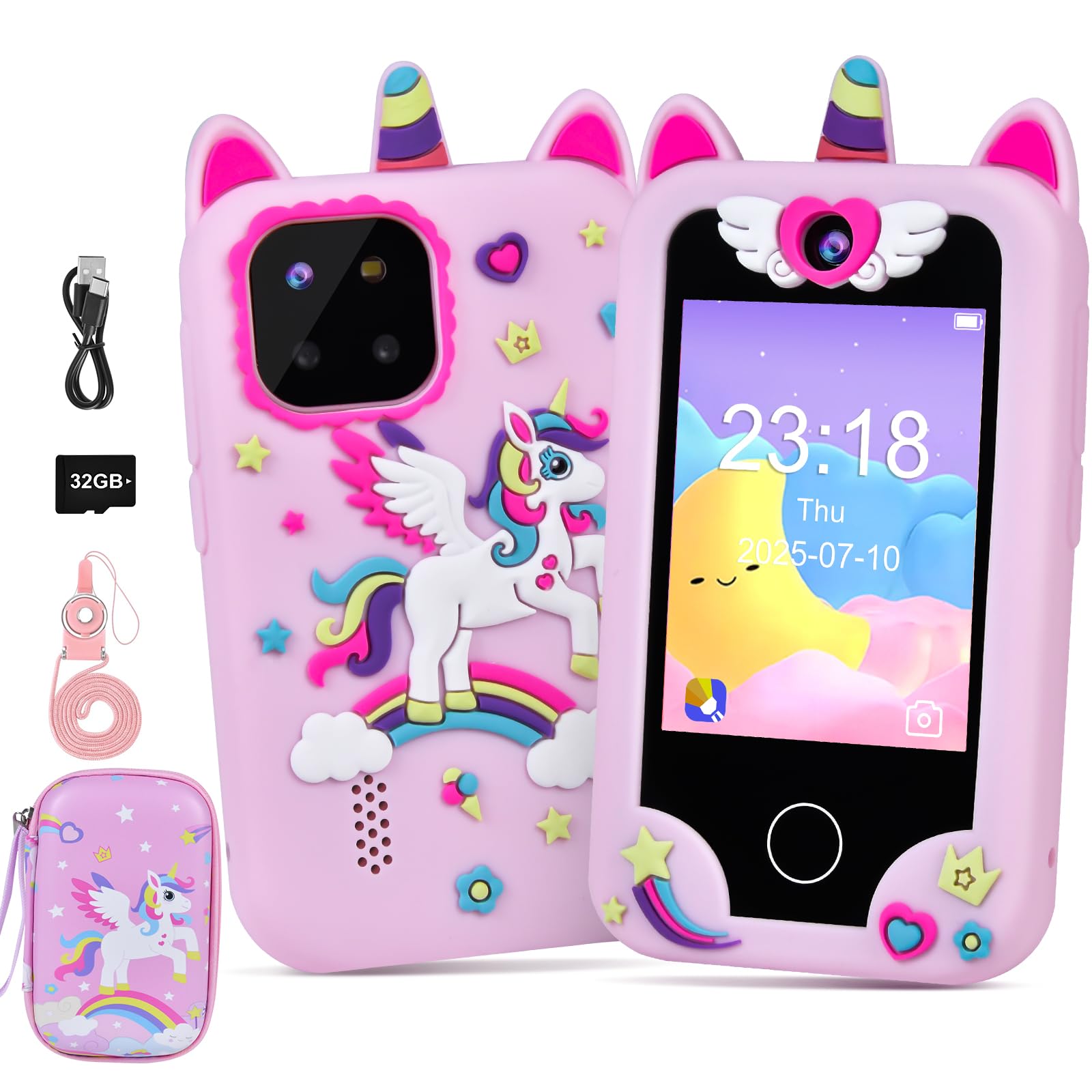 Elecoutek Kids Smart Phone for Girls, Toddler Unicorn Phone Toys for 3-10 Year Old Girl, Kids Mobile Phone Toy with Dual Cameras, 2.8 Inch Touchscreen, Music Player, Games, 32 GB Card and Bag (Pink)