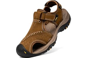 Boveshorn Men's Sport Sandals Closed Toe Leather Hiking Athletic Walking Outdoor Beach Trail River Fishing Water Shoes Lightweight Comfortable Waterproof