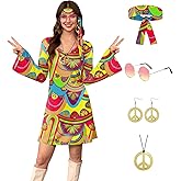 For G and PL Women's 5 Pcs Halloween 70s Hippie Dress Floral Costume Outfit with Sunglasses Headband