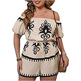 WDIRARA Women's Plus Size Boho Print Off the Shoulder Romper Puff Sleeve Tie Waist Shorts Jumpsuit
