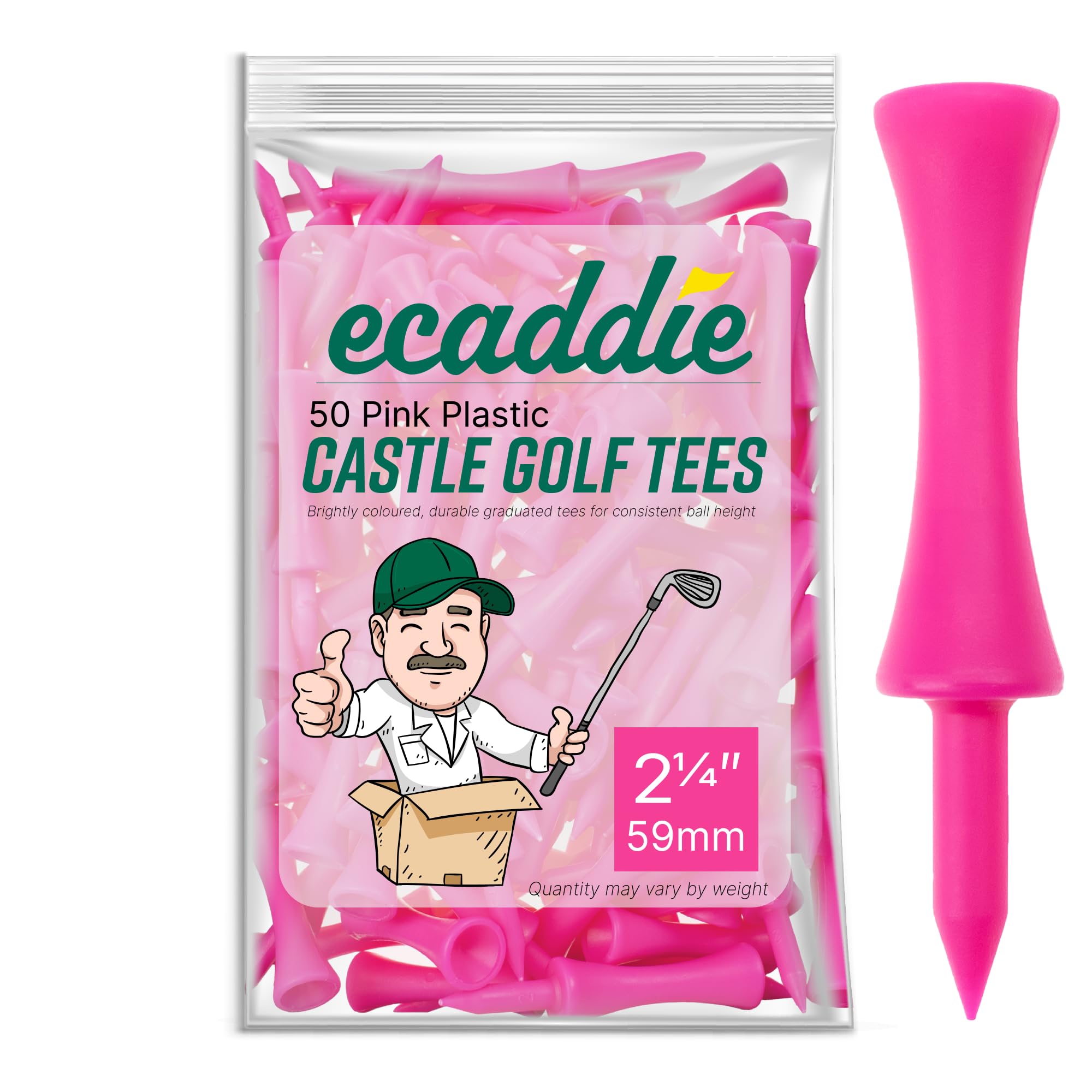 ECADDIE 59mm Pink Tees (50 Pack) Pink Tees Golf Driver Tees, Durable High Visibility Castle Golf Tees Plastic for Practice at the Driving Range, Long Golf Tees for Driver