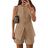 ZESICA Women's 2026 Summer 2 Piece Short Sets Sleeveless Crew Neck Suit Vest Tops High Waist Shorts Business Outfits